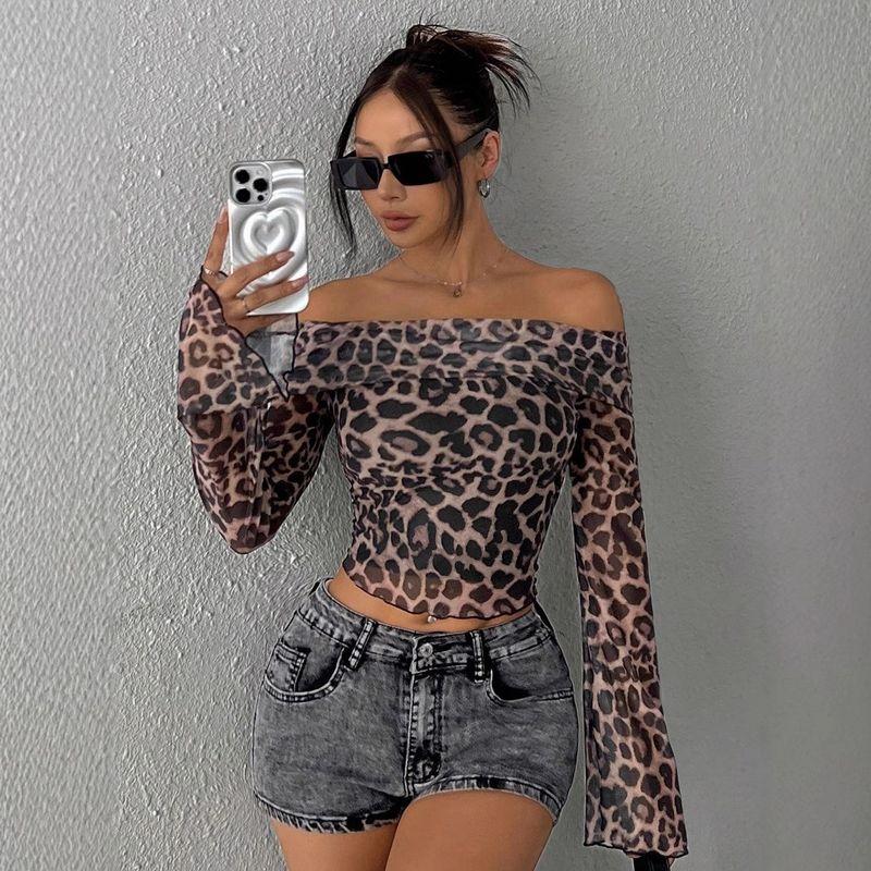 Leopard Print Top2025 Spring/Summer Women clothes Sexy Semi-Transparent off-Shoulder Long sleeve Leopard Print Print Top