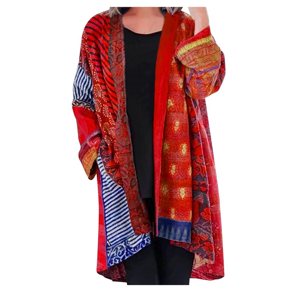 Women Fashion Casual Boho Print Shirt Coat Loose Long Sleeve Cardigan Pocket Top