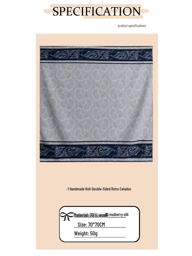 High-End Chinese Blue Silk & Wool Scarf with Celadon Print - Hand-Rolled, Square Neck Tie & Shawl