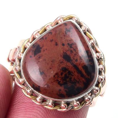 Naturalny Kamień Obsydian Mahogany Srebro Próby 925 Dwukolorowy Pierścionek Rozmiar 7 u9r80