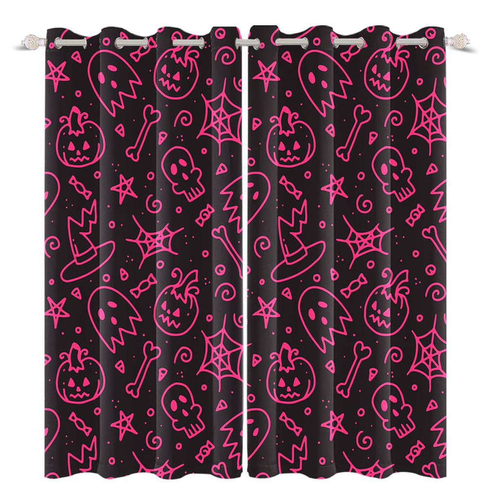 2pcs/set Horror Halloween Window Curtain Bat Spider Pumpkin Ghost Haunted House Home Decor Blackout Polyester Fabric Curtains