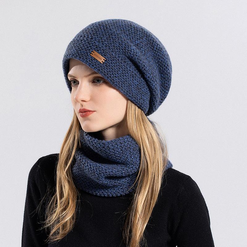 Women's Knitted Hat Winter European and American Warm Hat Scarf Set Fleece Ear Protector Pullover Wool Hat
