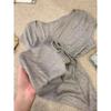 Women's Grey Ribbed Knit Top Short Sleeve Casual Slim Fit Tie Front Blouse