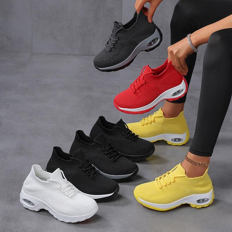 Fashion Women Platform Shoes Knitted Running Sports Shoes Anti-slip Air-cushion Sneakers Breathable Mesh Dancing Traveling Shoes