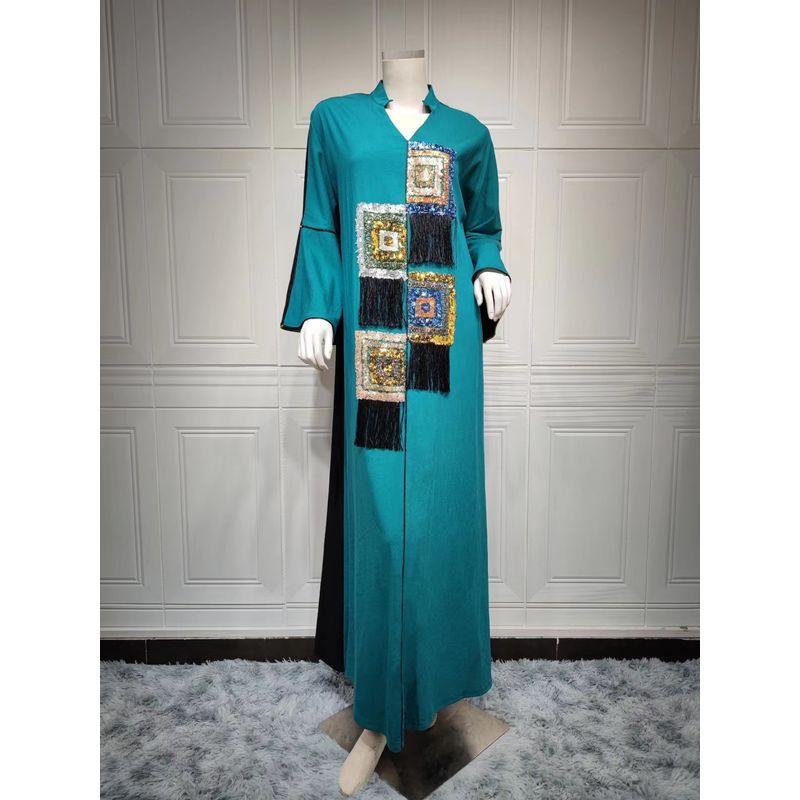 

2021 Ethnic Style Multicolor Sequin Appliqué Tassel Dress Peacock Blue S