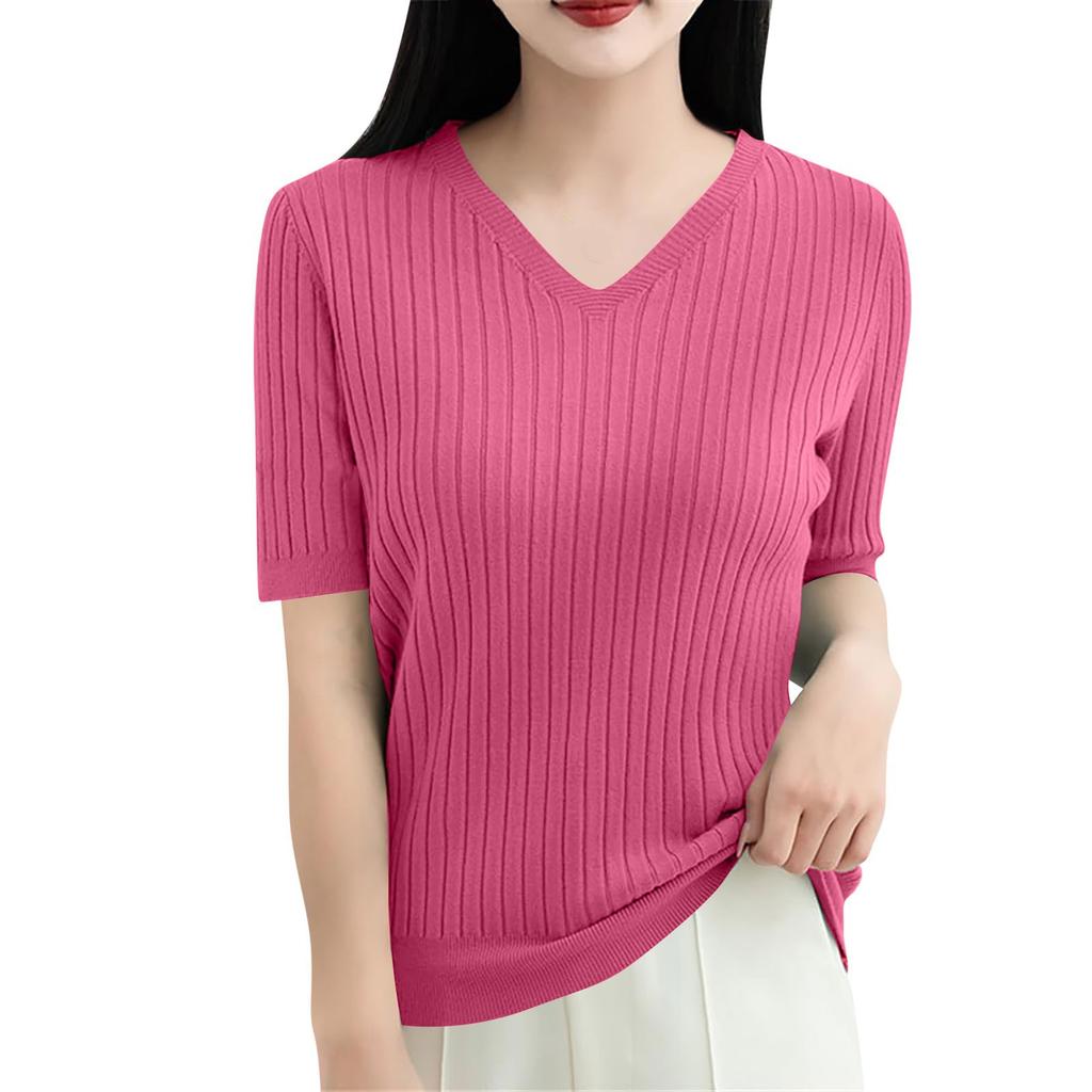 Moda feminina solta malha suéter camisa inferior decote em v pulôver manga curta cor sólida top