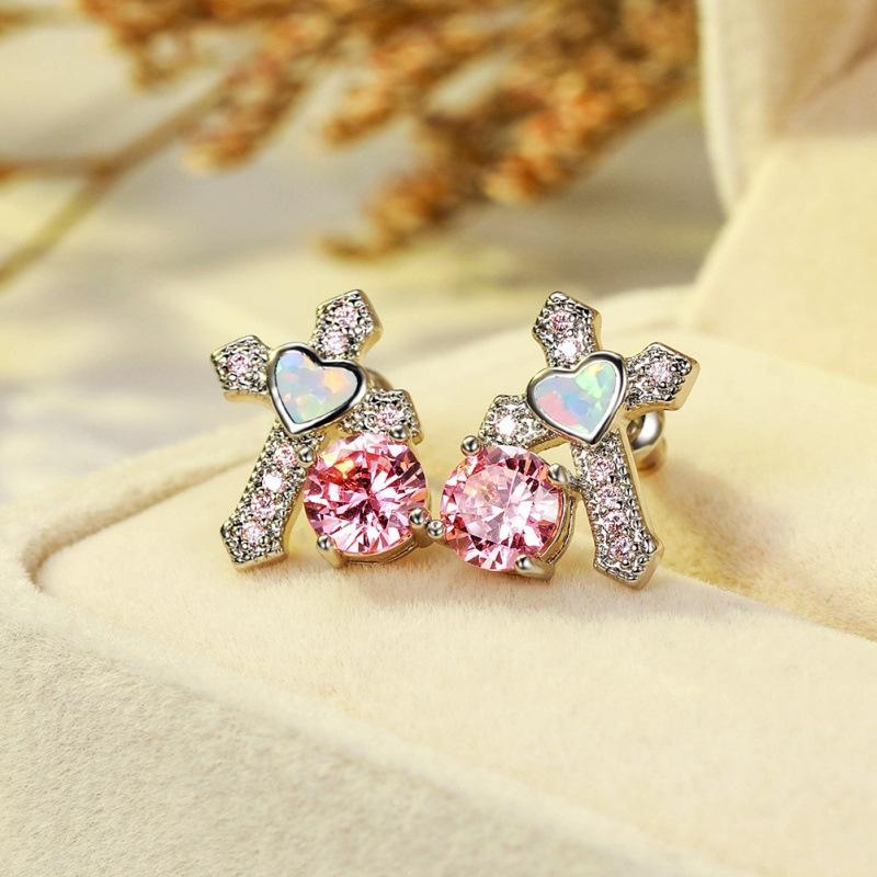 wishOL small fresh cross small love opal stud earrings Korean