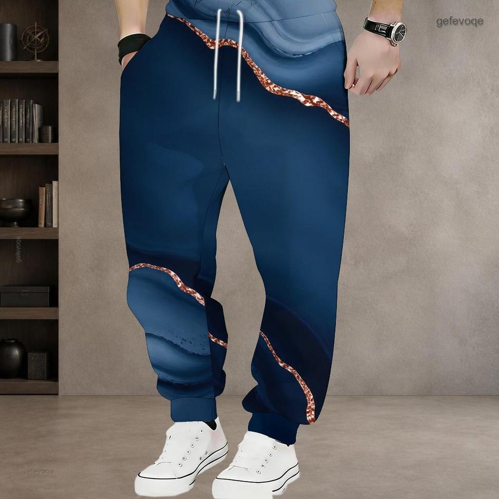 Men S Plus Size Blue Gold Marble Printed Drawstring Jogger Pants Side Pockets Cuffed Ankle