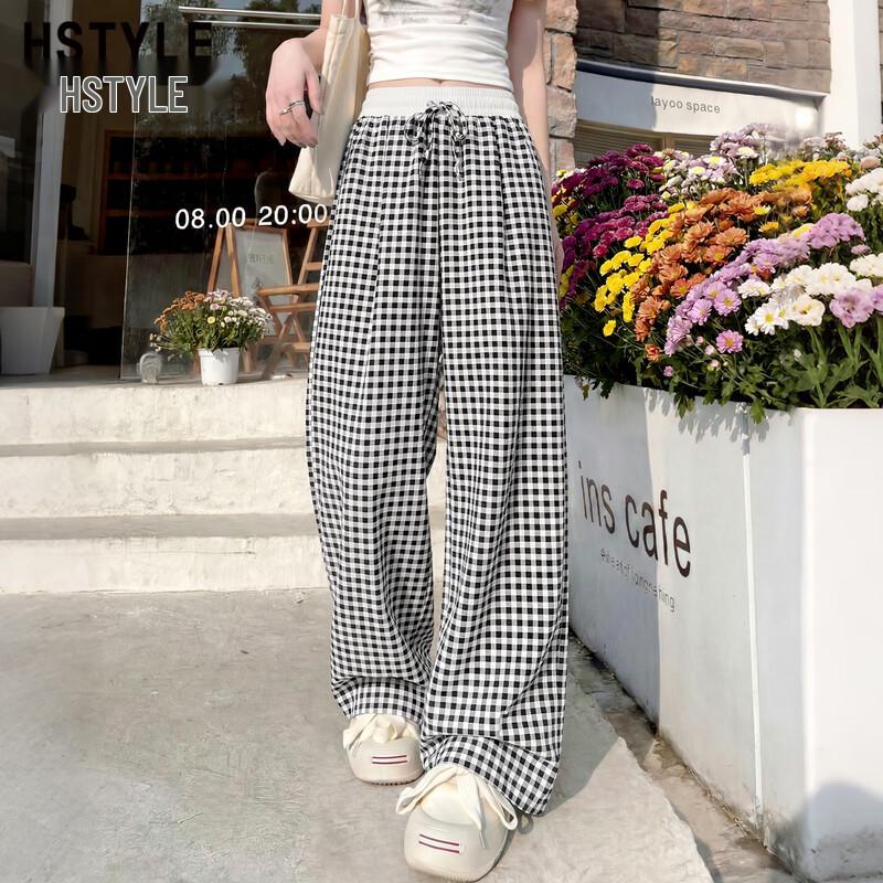 HSTYLE Women s Loose Draped Plaid Wide-Leg Pants S