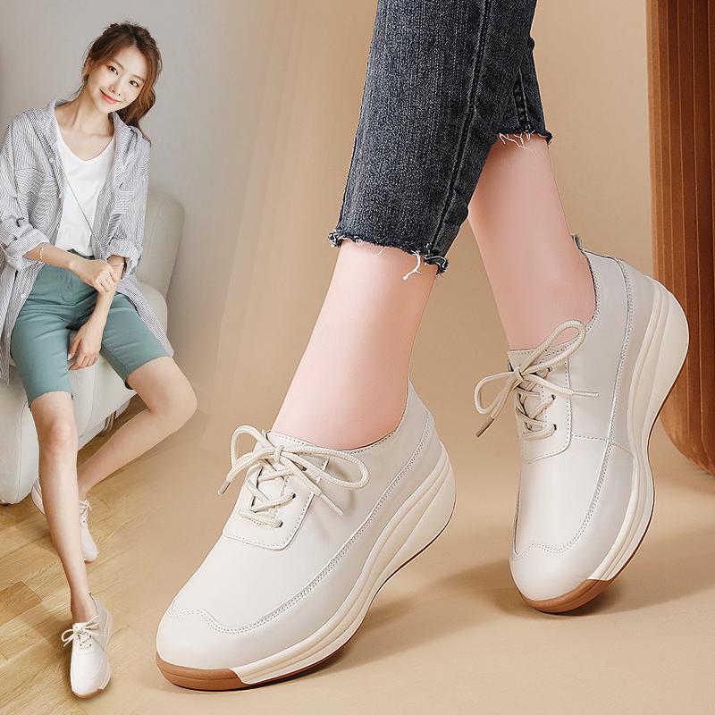 Women Fashion Sneakers Autumn Breathable Lace Up Wedge Sport Shoes Comfort Soft Leather Travel Casual Shoes Beige Big Size 43