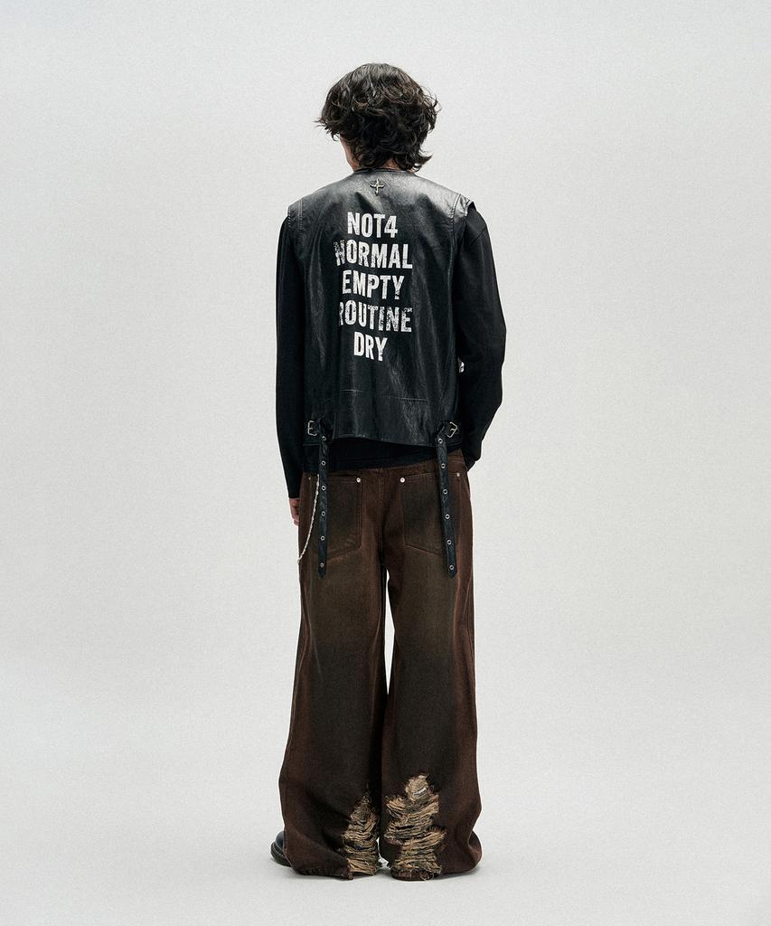 NOT4NERD Distressed Oil Washed Wide Denim Pants - Brown