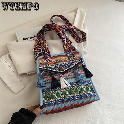 Ethnic Style Crossbody Bag with Tassel Single Shoulder Crossbody Bag Portable Water Bucket Exquisite Bag