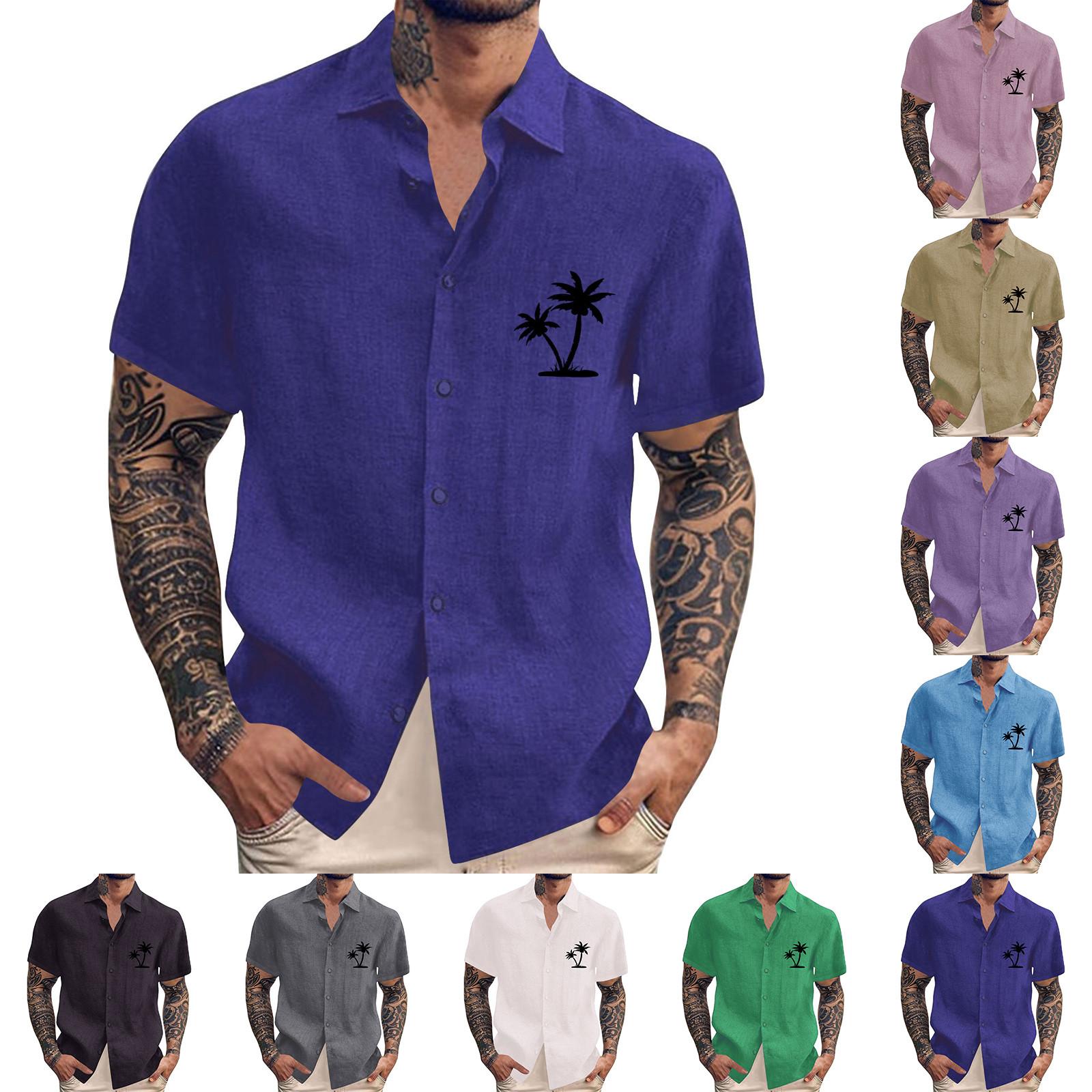 

Men S Casual Loose Short Sleeved Printed Shirt With Fashionable Lapel Top L зелений