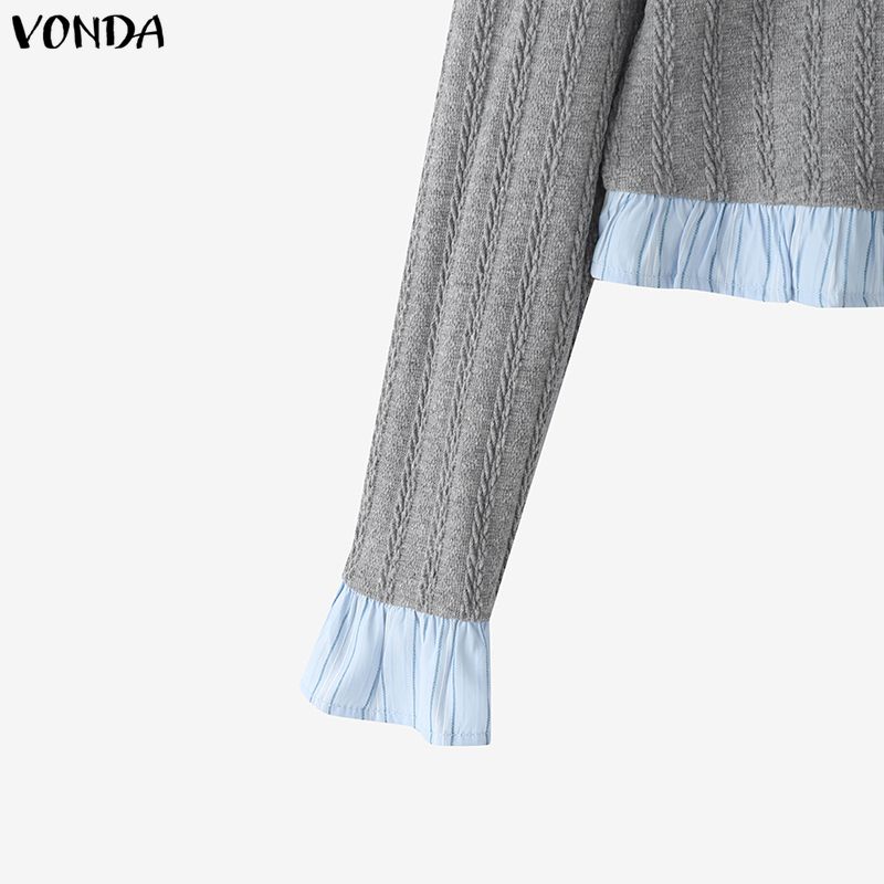 VONDA Womens Crew Neck Striped Stitching Texture Casual Cropped Fitted Tops Blouse