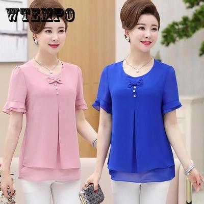Verão camisa de meia idade feminina topo grande verão meia idade feminina solta manga curta camiseta chiffon