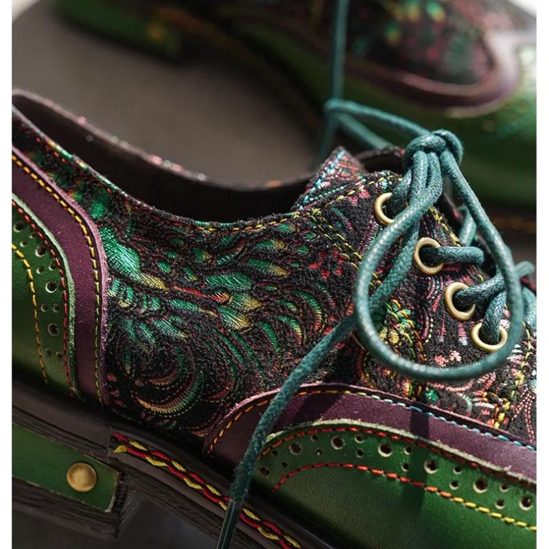 Johnature Pumps Women's Shoes Genuine Leather Lace-up Retro Round Toe Versatile Low Heels Shoes