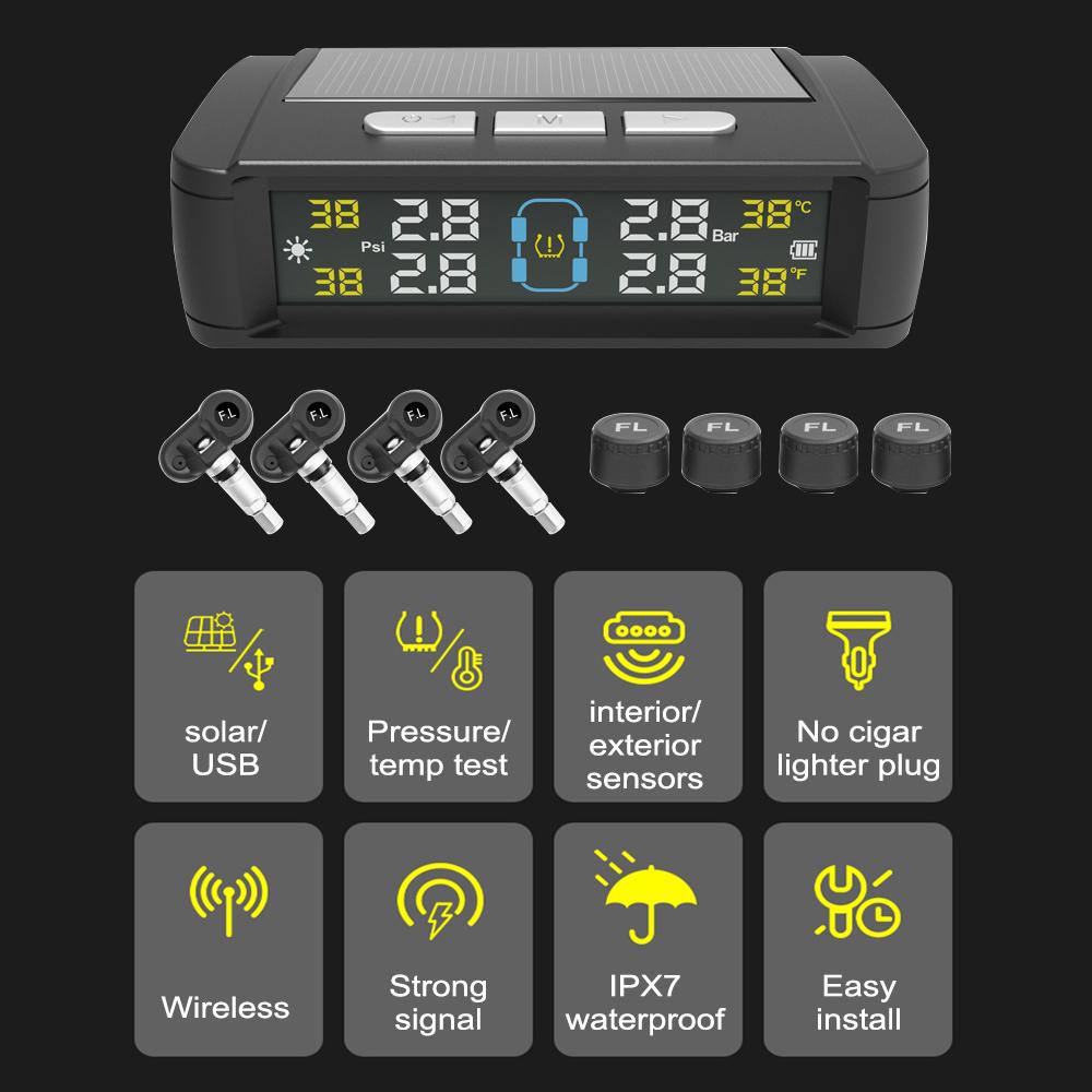 Car TPMS Automobile Accessories Tyre Temperature Monitor Tire Pressure Monitoring System 4 Sensors Solar/USB Powered Auto Security Alarm Systems