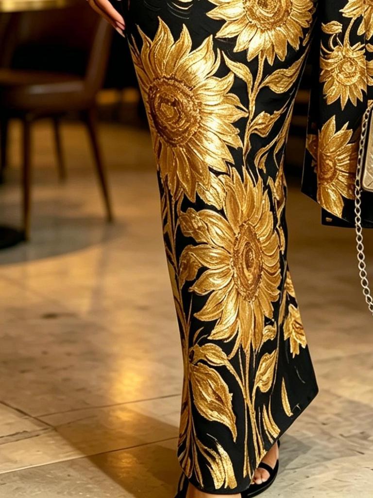 Dámské černé zlaté maxi šaty se slunečnicovým potiskem, kimonové rukávy, výstřih do V, řasený zavinovací pas, přiléhavé, elegantní šaty