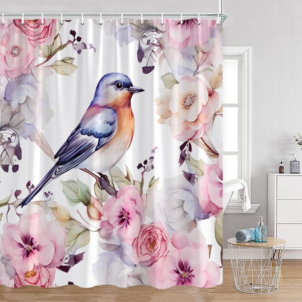 Cute Bird Plant Shower Curtain Hummingbird Pink Flower Green Leaves Nature Floral Bathroom Decor Polyester Bath Curtain