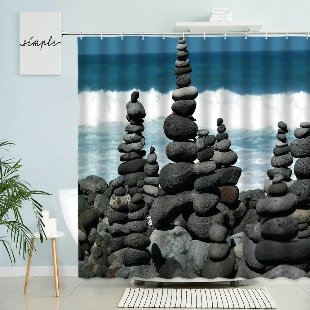 Zen Landscape Shower Curtain Natural Scenery Bathroom Decor Stone Rock Waterfall Beach Boho Polyester Screen With Hooks Washable