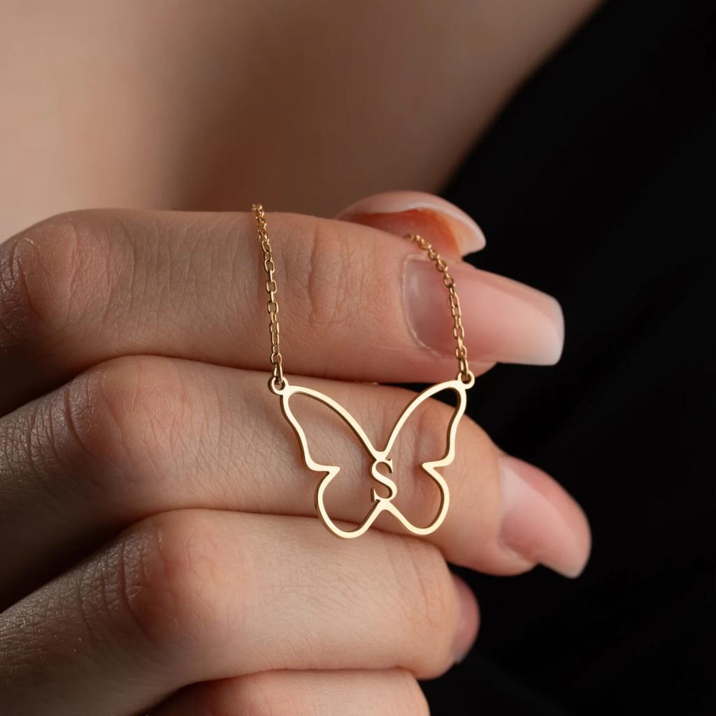 Jeshayuan Custom Initial Necklace with Butterfly Stainless Steel Letter Necklace Personalized Butterfly Jewelry for Women