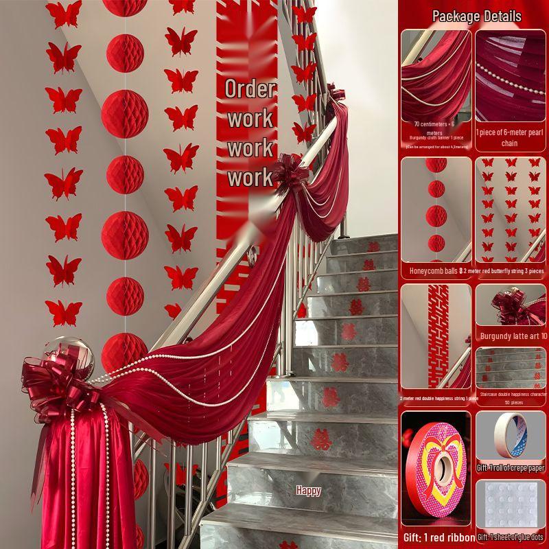 Chinese Wedding Double Happiness Stair Decor Set - Stickers, Flowers, Banners, Lanterns