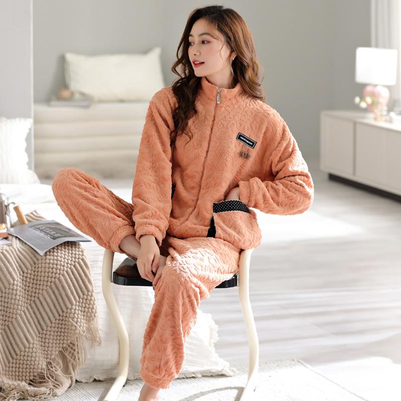 Pyjama Damen Winter Korallenfleece Verdicktes Fleece Herbst und Winter Flanell Winter Thermische Loungewear