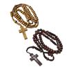 Wood Beads Cross Rosary Necklace Hangable Pendant Crafts Long Bead Chain for Christmas Party Church Decorations