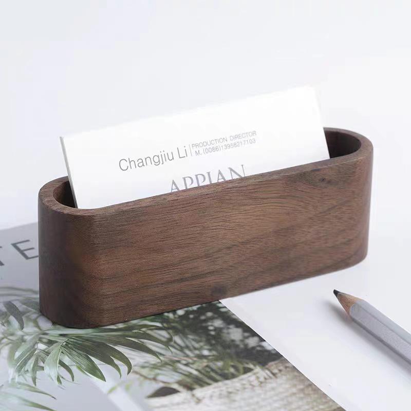 Black Walnut Desktop Business Card Holder – Large Capacity Solid Wood Display