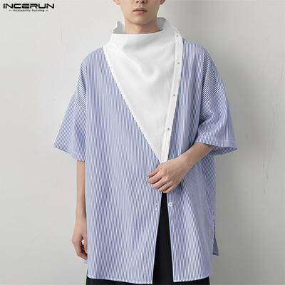 Summer Men Stand Neck Short Sleeve Patchwork Casual Loose T-shirts Tops