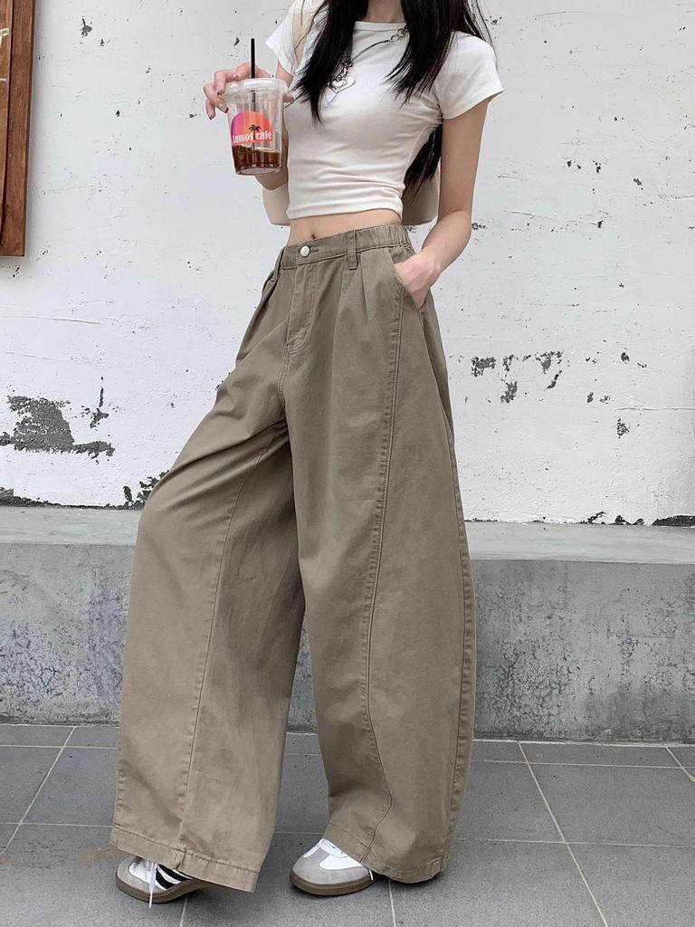 Women's American Retro Khaki Wide-Leg Jeans - Slimming, Versatile, Curved Leg, Spring Style