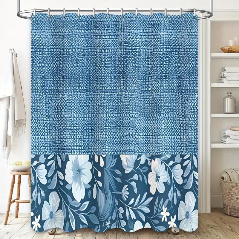 Blue Bath Mat Shower Curtain with White Floral Design for Bathroom Decor Non-Slip Rug for Bathtub Area Size: 72 x 84 Inches