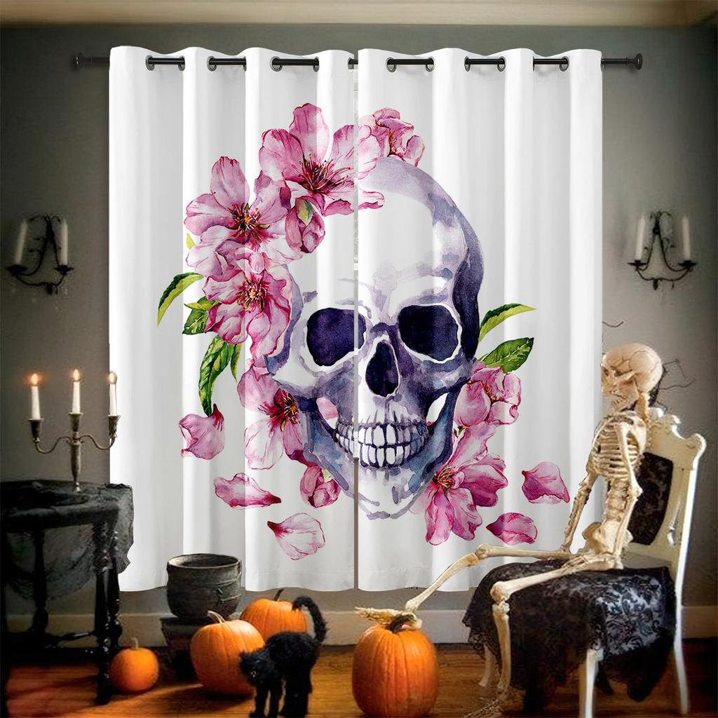Horror Skull Floral 3D Printed Curtains Retro Gothic Curtains Halloween Party Decorative Curtains Home Decor 2 Pieces