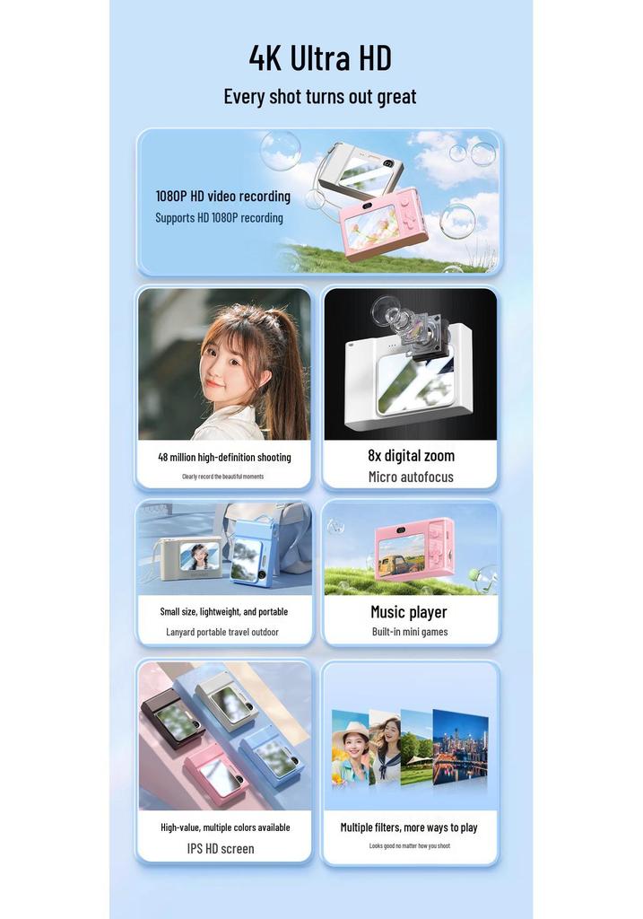 Just Fish Cloud HD Slide-out Dual Lens Portable Student Camera