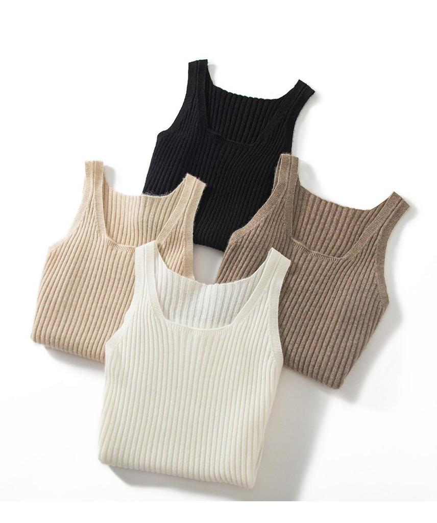 100% Pure Cashmere Ribbed U-Neck Camisole – Solid Color Slim Fit Base Layer Top