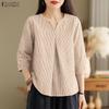 ZANZEA Women Casual V-Neck 3/4 Sleeve Loose Stripe Blouse