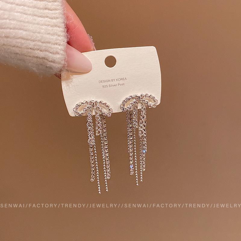 2025 Trendy Korean Micro-Inlaid Zircon Bow Earrings with S925 Silver Needle and Pearl for Women