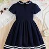 5-12J Dunkelblau Mädchen Matrosen Sommerkleid Peter Pan Kragen Kurzarm Falten Schule Freizeitkleid