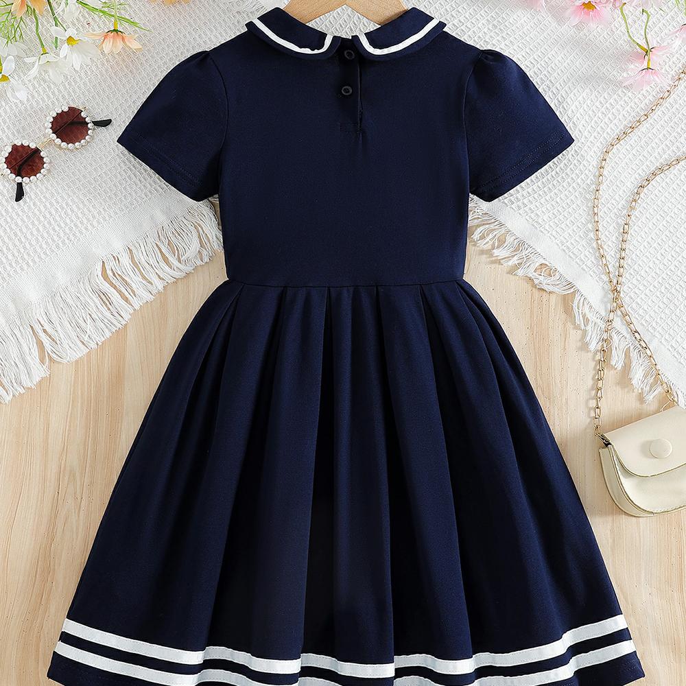 5-12J Dunkelblau Mädchen Matrosen Sommerkleid Peter Pan Kragen Kurzarm Falten Schule Freizeitkleid