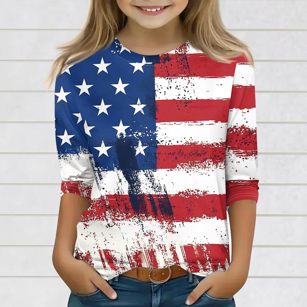 Topuri cu imprimeu pentru fete tinere 3-10 ani Gât rotund Mâneci 3/4 Tricouri Topuri la modă Ținută Tricouri