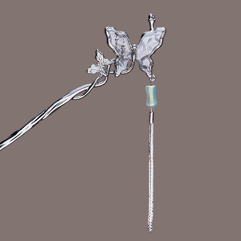 Fashion Metal Jewelry Hairpin For Women Ink Wash Style Folding Fan Erhu Butterfly Tassel Hair Stick Girls Trendy Hair Accessory