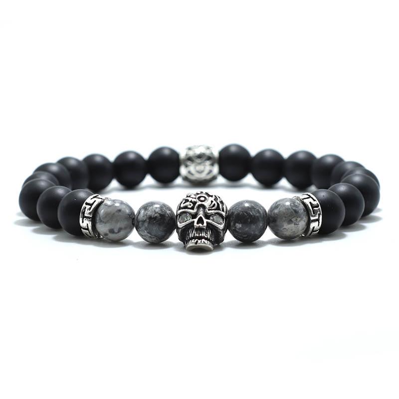 Vintage Skull Bracelet For Men 8mm Black Onyx Stone Beaded Braslet Gothic Pirate Braclet Birthday Present For Boyfriend Pulseras