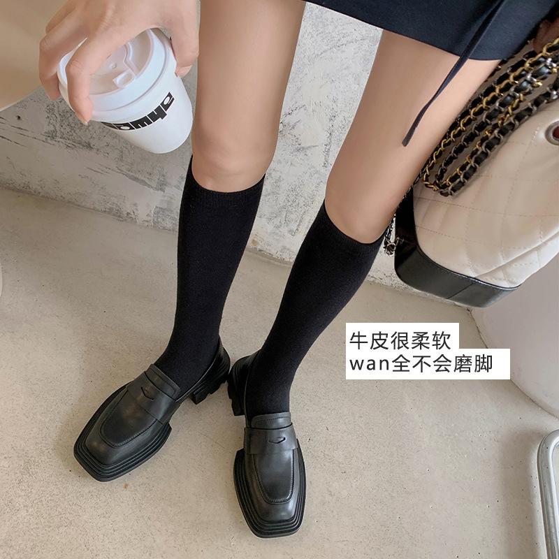 College Style Square Head Loafers 2025 Spring Cowhide Lace-up Cao Cake Height Increase Casual Single Shoes Women's Casual Versatile