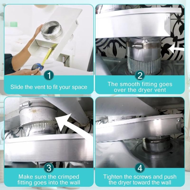 Adjustable Dryer Vent Periscope Space Saving Laundry Room Solution with 2 Clamps Foil Tape Stainless Steel Texture