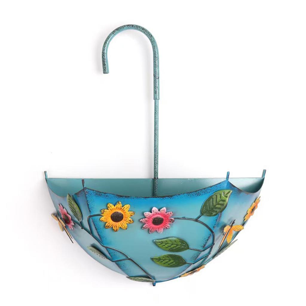 Metal Farmhouse Umbrella Shaped Wall Hanging Planter No-Drill Rustic Distressed Plant Pot with Drainage Holes for Outdoor Plants