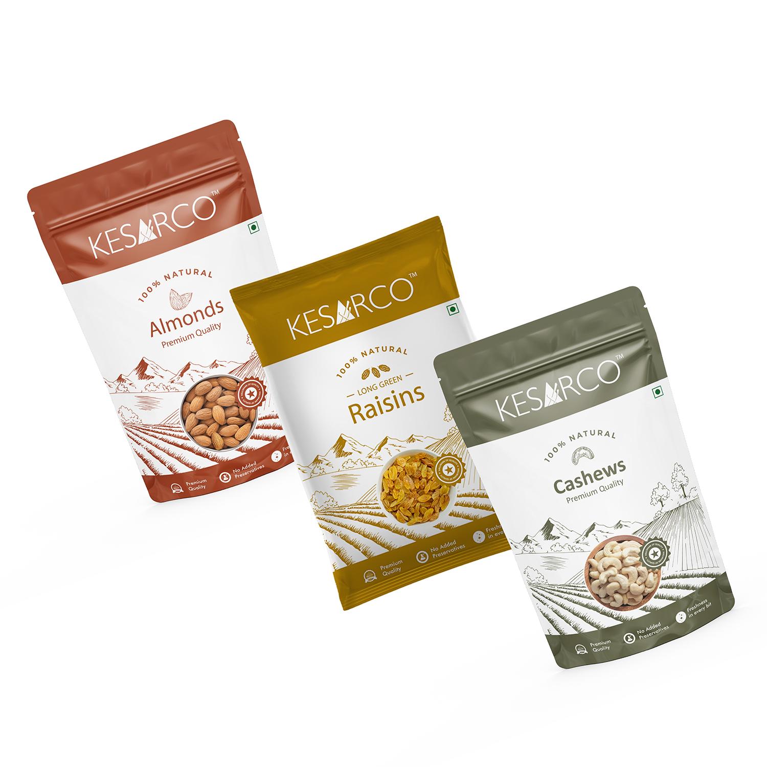 

Комбинированный пакет сухофруктов KESARCO Premium содержит кешью, миндаль и изюм, упаковка из 3 шт.