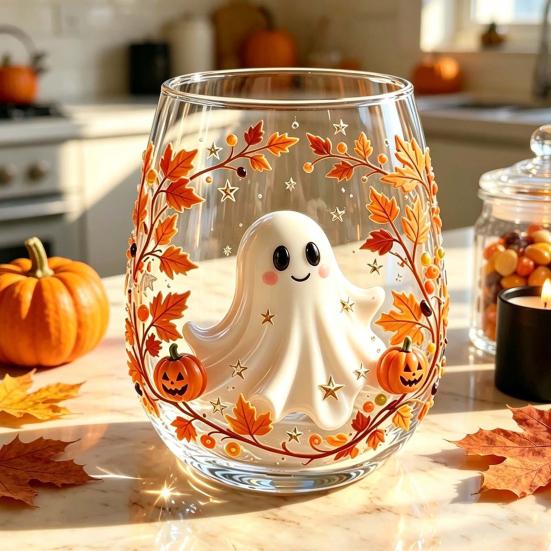 Clear Glass Cups for Party Stemless Wine Glasses with Marine Animal Pattern, 420ml Capacity, High Borosilicate Creative Gift Friends Cup, Round