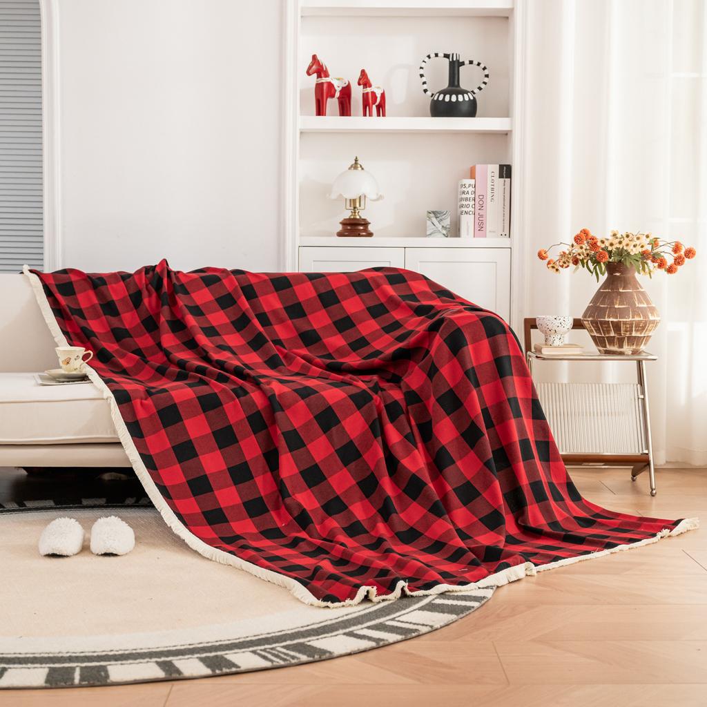 Christmas Sofa Cover Plaid Slipcover Couch Cover Grid Living Room Pet Bed Chair Soft with Tassel Washable Towel Throw Blanket