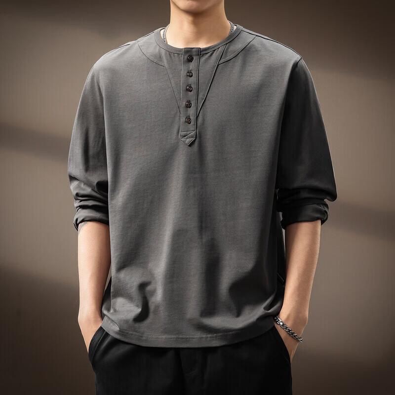Men s Premium American Retro Henley Long Sleeve T-Shirt 3XL