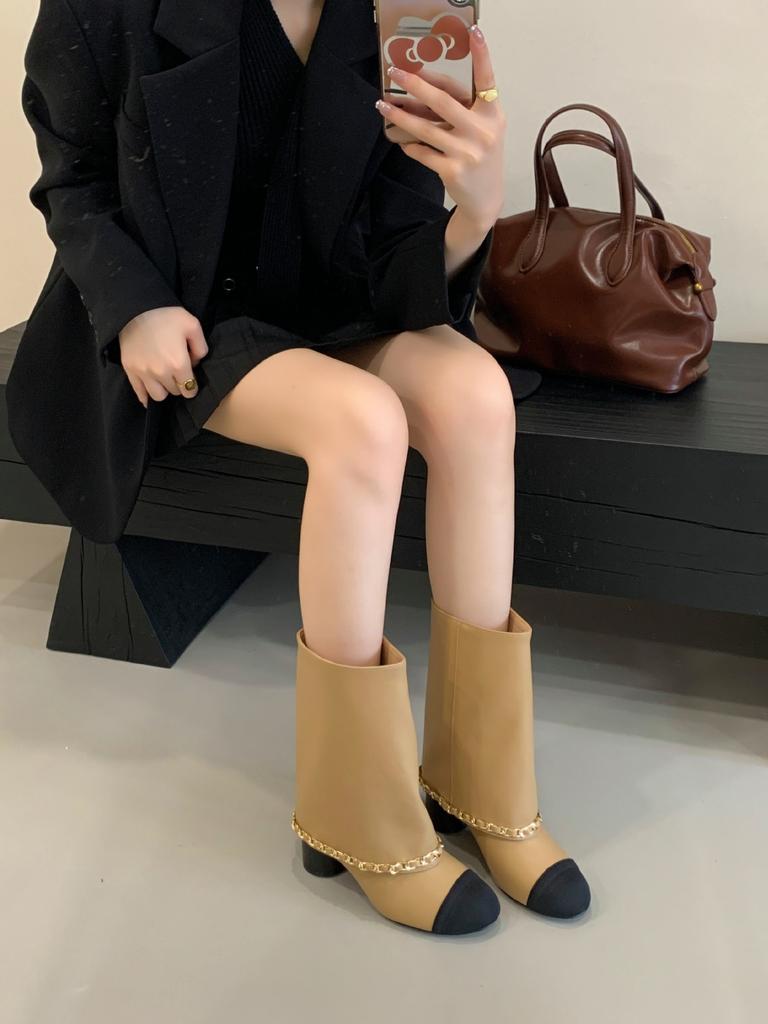 Round head color matching knight boots autumn 2025 new temperament thick heel tube pants tube boots women